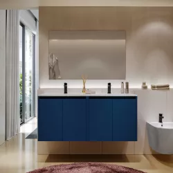 Mobile bagno sospeso 120 cm blu satinato con ante e lavabo doppio con specchio - Medora