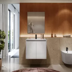 Mobile bagno sospeso 60 cm bianco lucido con ante e lavabo con specchio - Medora