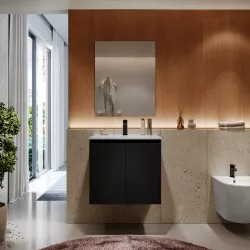 Mobile bagno sospeso 60 cm nero satinato con ante e lavabo con specchio - Medora