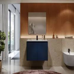 Mobile bagno sospeso 60 cm blu satinato con ante e lavabo con specchio - Medora