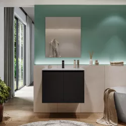 Mobile bagno sospeso 70 cm nero satinato con ante e lavabo con specchio - Medora