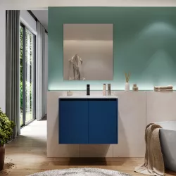 Mobile bagno sospeso 70 cm blu satinato con ante e lavabo con specchio - Medora