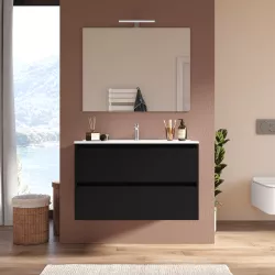 Mobile bagno sospeso 100 cm nero satinato con lavabo e specchio - Medora