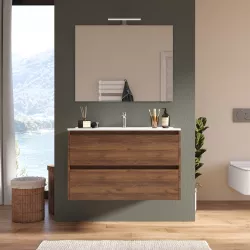 Mobile bagno sospeso 100 cm noce maya con lavabo e specchio - Medora