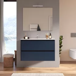 Mobile bagno sospeso 100 cm blu satinato con lavabo e specchio - Medora