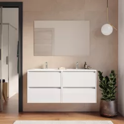 Mobile bagno sospeso 120 cm bianco lucido con cassetti e lavabo doppio con specchio - Medora