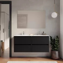 Mobile bagno sospeso 120 cm nero satinato con cassetti e lavabo doppio con specchio - Medora