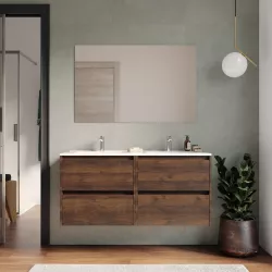 Mobile bagno sospeso 120 cm noce maya con cassetti e lavabo doppio con specchio - Medora