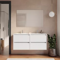 Mobile bagno sospeso 120 cm white satinato con cassetti e lavabo doppio con specchio - Medora