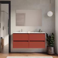 Mobile bagno sospeso 120 cm red satinato con cassetti e lavabo doppio con specchio - Medora