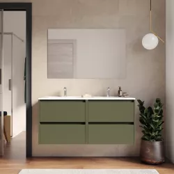 Mobile bagno sospeso 120 cm green satinato con cassetti e lavabo doppio con specchio - Medora