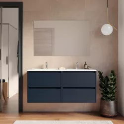 Mobile bagno sospeso 120 cm blu satinato con cassetti e lavabo doppio con specchio - Medora