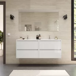 Mobile bagno sospeso 140 cm bianco lucido con lavabo doppio e specchio - Medora