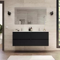 Mobile bagno sospeso 140 cm nero satinato con lavabo doppio e specchio - Medora