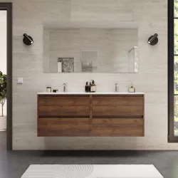 Mobile bagno sospeso 140 cm noce maya con lavabo doppio e specchio - Medora