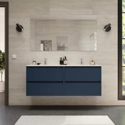 Mobile bagno sospeso 140 cm blu satinato con lavabo doppio e specchio - Medora