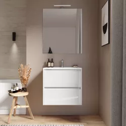 Mobile bagno sospeso 60 cm bianco lucido con cassetti e lavabo con specchio - Medora