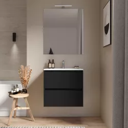 Mobile bagno sospeso 60 cm nero satinato con cassetti e lavabo con specchio - Medora