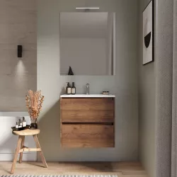 Mobile bagno sospeso 60 cm noce maya con cassetti e lavabo con specchio - Medora