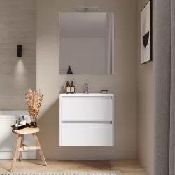 Mobile bagno sospeso 60 cm white satinato con cassetti e lavabo con specchio - Medora