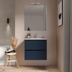 Mobile bagno sospeso 60 cm blu satinato con cassetti e lavabo con specchio - Medora