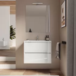 Mobile bagno sospeso 70 cm bianco lucido con cassetti e lavabo con specchio - Medora