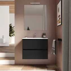 Mobile bagno sospeso 70 cm nero satinato con cassetti e lavabo con specchio - Medora