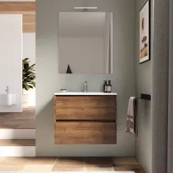 Mobile bagno sospeso 70 cm noce maya con cassetti e lavabo con specchio - Medora