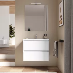 Mobile bagno sospeso 70 cm white satinato con cassetti e lavabo con specchio - Medora