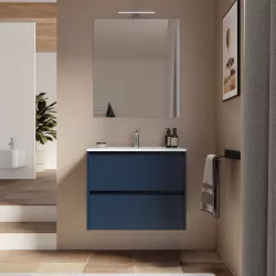 Mobile bagno sospeso 70 cm blu satinato con cassetti e lavabo con specchio - Medora