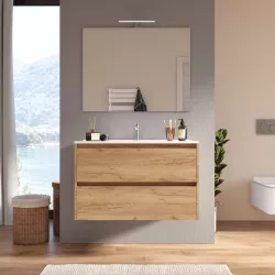 Mobile bagno sospeso 80 cm rovere africa con cassetti e lavabo con specchio - Medora