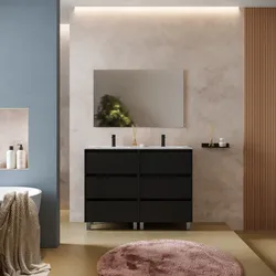 Mobile bagno a terra 120 cm nero satinato con lavabo doppio e specchio - Libras
