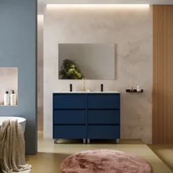 Mobile bagno a terra 120 cm blu satinato con lavabo doppio e specchio - Libras