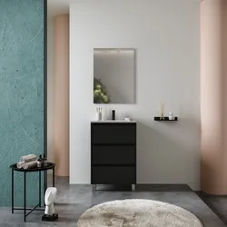 Mobile bagno a terra 60 cm nero satinato con lavabo e specchio - Libras
