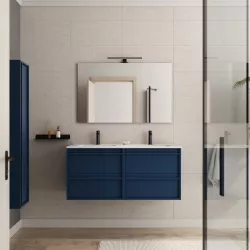 Mobile bagno sospeso 120 cm blu satinato con lavabo doppio e specchio - Maestro