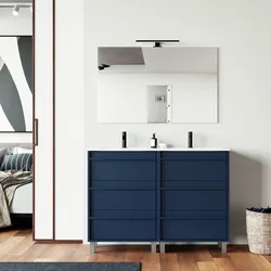 Mobile bagno a terra 120 cm blu satinato con lavabo doppio e specchio - Maestro