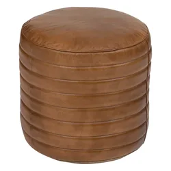 Pouf rotondo 40 cm in vera pelle caramello con struttura in legno