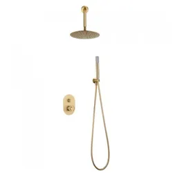 Set incasso doccia con soffione a soffitto in acciaio inox e doccino oro spazzolato - Gorge