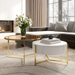 Set 2 tavolini 71 cm e 59 cm con top in vetro bronzato e ceramica bianca con un cassetto e struttura oro - Abelard