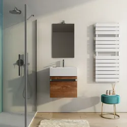 Mobile sospeso salvaspazio 50 cm profondità 42 cm noce nativo con lavabo e specchio - Virgola
