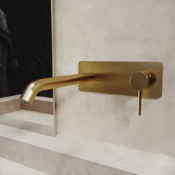 Miscelatore lavabo a muro canna 20 cm con piastra oro spazzolato - Ran