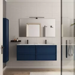 Mobile bagno sospeso 140 cm blu satinato con lavabo doppio e specchio - Maestro