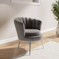 Poltrona conchiglia in velluto grigio con seduta imbottita e gambe cromo - Snob