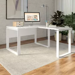 Scrivania angolare 140x170 cm con top bianco lucido da 30 mm e gambe in metallo - Homely office