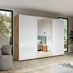 Armadio 300x223h cm rovere artisan con tre ante scorrevoli bianco lucido e specchio - Alen
