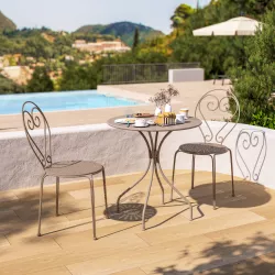 Set bistrot tavolo rotondo 70 cm e 2 sedie in metallo tortora - Loren