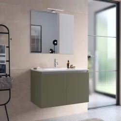 Mobile bagno sospeso con ante 90 cm verde cemento con lavabo e specchio - Cuki