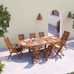 Set pranzo tavolo allungabile 180/240x120 cm e 8 sedie pieghevoli in legno teak - Louis