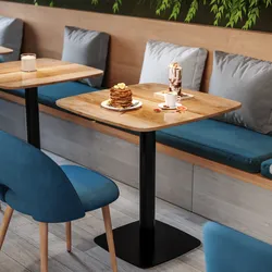 Tavolo da pranzo 80x80 cm top effetto rovere scuro con bordi arrotondati e base in metallo nero - Caio Round