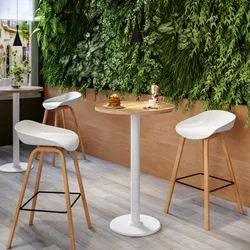 Tavolo alto rotondo 80 cm con piano rovere e struttura in metallo bianco - Caio